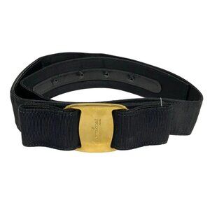 Salvatore Ferragamo Vara 8046 Dark Navy Gold Satin Leather Hardware - Belt